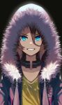  1girl blue_eyes fur-trimmed_hood fur_trim hair_between_eyes highres hood hood_up horse_girl horseshoe jacket long_sleeves narita_taishin_(umamusume) open_clothes open_jacket shirt short_hair smile solo sora_(sora_7_3) umamusume upper_body v-neck yellow_shirt 