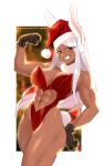  1girl abs absurdres animal_ears bangs biceps blush boku_no_hero_academia breasts clothing_cutout dark-skinned_female dark_skin eyebrows_visible_through_hair flexing fur_collar fur_trim gloves grin hat highleg highleg_leotard highres large_breasts leotard long_eyelashes long_hair looking_at_viewer mirko muscular muscular_female narrow_waist navel navel_cutout parted_bangs pose rabbit_ears rabbit_girl rabbit_tail red_eyes red_headwear red_leotard santa_hat smile solo tail thighs tofuubear white_hair 