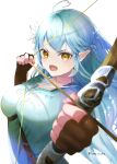  1girl absurdres ahoge bangs blue_hair bow_(weapon) braid breasts colored_tips determined elf fingerless_gloves gloves hair_between_eyes heart_ahoge highres holding holding_bow_(weapon) holding_weapon hololive large_breasts long_hair looking_at_viewer multicolored_hair pointy_ears side_braid solo streaked_hair the_legend_of_zelda the_legend_of_zelda:_breath_of_the_wild towrituka twitter_username v-shaped_eyebrows virtual_youtuber weapon yellow_eyes yukihana_lamy 