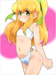  1girl arms_behind_back bikini blonde_hair clenched_hands flat_chest green_eyes long_hair mega_man_(series) navel o-ring ponytail ribbon roll_(mega_man) ryuu_ryuu smile solo strapless swimsuit thighs tube_top white_bikini white_tube_top 