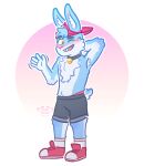  absurd_res anthro armpit_hair blue_body blue_fur blush body_hair bottomwear chest_tuft clothing collar footwear fur gesture hand_behind_head hi_res lagomorph leporid looking_at_viewer male mammal one_eye_closed pink_marky rabbit shoes shorts simple_background small_tail smile sneakers socks solo tuft underwear visible_underwear waving waving_at_viewer 