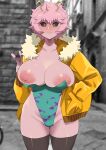 1girl absurdres areolae ashido_mina boku_no_hero_academia breasts colored_skin curvy highres horns huge_breasts jacket looking_at_viewer minakami_(flyingman555) nipples outdoors pink_hair pink_skin smile solo thick_thighs thighhighs thighs v 