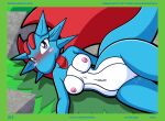  2021 absurd_res anthro belly blue_body blush bodily_fluids breasts dragon female genital_fluids genitals hi_res looking_at_viewer lunaris_parukia lying medium_breasts navel nintendo nipples nude on_side pok&eacute;mon pok&eacute;mon_(species) pok&eacute;morph purple_eyes pussy pussy_juice red_wings salamence sally_(lunaris_parukia) solo text url video_games white_belly wings 