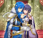  1boy 2girls :o absurdres black_hair blue_eyes blue_hair blush child commission commissioner_upload cowboy_shot eyebrows_visible_through_hair fingerless_gloves fire_emblem fire_emblem:_genealogy_of_the_holy_war fire_emblem_heroes gloves gouble3 hair_ornament highres holding hug larcei_(fire_emblem) looking_at_viewer multiple_girls open_mouth original seliph_(fire_emblem) shiny short_hair smile throne 