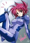  bodysuit highres kanna_(plum) lyrical_nanoha mahou_shoujo_lyrical_nanoha_strikers numbers'_uniform numbers_(nanoha) red_eyes red_hair shiny shiny_clothes short_hair skin_tight solo v wendi_(nanoha) 