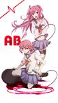  angel_beats! ankle_lace-up choker cross cross-laced_footwear fang highres iwasawa long_hair microphone midriff multiple_girls pink_eyes pink_hair school_uniform serafuku short_hair skirt sleeves_rolled_up smile sotsunaku thigh_strap two_side_up yui_(angel_beats!) 