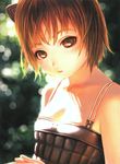  animal_ears bangs bare_shoulders blurry bokeh breasts brown_eyes brown_hair cat_ears day depth_of_field eyelashes highres looking_at_viewer multiple_straps murata_renji own_hands_together parted_lips red_hair reflective_eyes scan short_hair skindentation sleeveless small_breasts solo spaghetti_strap upper_body 