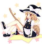  blonde_hair bloomers bow braid broom brown_eyes fang full_body hat kirisame_marisa meito_(maze) open_mouth single_braid sitting smile solo star touhou underwear witch witch_hat 