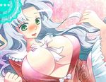  between_breasts blush bow breasts bursting_breasts cleavage cosplay dress eucrid frills green_eyes houraisan_kaguya houraisan_kaguya_(cosplay) large_breasts long_hair open_mouth silver_hair solo touhou undersized_clothes yagokoro_eirin 