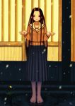  arms_up barefoot brown_hair flower full_body highres kobayashi_yuuji light long_hair long_skirt long_sleeves original pleated_skirt school_uniform serafuku shade sidelocks signature skirt snowing solo standing very_long_hair yellow_eyes 