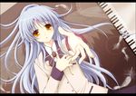  angel_beats! blazer blue_hair feathers foreshortening from_above instrument jacket kawai_maria letterboxed long_hair lying on_back outstretched_arm outstretched_hand piano reaching school_uniform solo tenshi_(angel_beats!) yellow_eyes 
