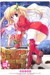  ass bell bent_over blonde_hair blue_eyes chimney christmas copyright_request hair_ornament highres long_hair looking_back mitsui_mana open_mouth panties pantyshot ribbon sack santa_costume snow solo striped striped_panties thighhighs underwear very_long_hair 