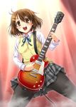  blush brown_eyes brown_hair guitar hair_ornament hairclip hirasawa_yui instrument k-on! les_paul miyai_sen pantyhose school_uniform skirt solo sweat sweater_vest 