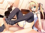 1boy 1girl bed blonde_hair censored cfnm character_request clothed_female_nude_male cum cum_on_body cum_on_clothes cum_on_lower_body feet footjob game_cg green_eyes indoors kamiyama_reika kourin_no_machi_lavender_no_shoujo no_shoes open_mouth panties penis ribbon source_request stockings thighhighs toes twintails underwear white_panties yuuki_hagure 