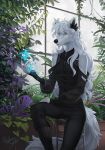  2019 5_fingers anthro black_nose blue_eyes canine chair clothed clothing day detailed_background digital_media_(artwork) flower fur hair inside leaf male mammal open_mouth orphen-sirius pale_eyes plant sitting solo teeth white_fur white_hair wolf 