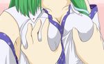  animated animated_gif armpits breast_grab breast_massage breasts cleavage collarbone covered_nipples detached_sleeves grabbing green_hair groping head_out_of_frame kochiya_sanae large_breasts long_hair rappa_(rappaya) shirt solo sweat touhou upper_body v-neck 