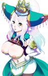  breasts cleavage crown elbow_gloves female gloves hands_on_hips headdress huge_breasts long_hair mothika musou_orochi musou_orochi_2 nipples nu_wa ponytail solo white_background white_hair yellow_eyes 