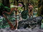  fog forest fur green_eyes green_skin harp nymph penis satyr straight tree wine 