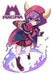  1girl bangs courtney_(pokemon) dress fake_horns full_body gloves highres holding holding_poke_ball hood horns looking_at_viewer poke_ball pokemon pokemon_(game) pokemon_oras red_dress red_footwear smile solo sweater sweater_dress team_magma team_magma_uniform turtleneck_dress white_background yottur 