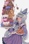  1girl absurdres animal_ears bangs birthday birthday_cake cake candle carrot cowboy_shot doughnut fire flame food grey_background grey_eyes grey_hair hamburger_steak hat highres holding holding_plate horse_ears horse_girl horse_tail kanjin_(gy0n1s0) long_hair long_sleeves looking_up mouth_hold oguri_cap_(umamusume) pancake party_hat plate purple_shirt purple_skirt sailor_collar school_uniform shirt shoulder_sash skirt tail takoyaki tracen_school_uniform umamusume 