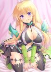  1girl :p bangs black_legwear black_shorts blonde_hair blush breasts character_request cleavage closed_mouth commentary_request eyebrows_visible_through_hair full_body green_footwear halter_top halterneck high_heels highres large_breasts long_hair looking_at_viewer masaya_ichika navel purple_eyes ragnarok_masters ragnarok_online shorts smile solo thighhighs tongue tongue_out 