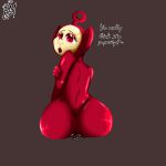  1:1 absurd_res beep! bodily_fluids female genital_fluids genitals hi_res humanoid looking_back po_(teletubbies) pussy pussy_juice shy solo teletubby 