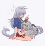  2girls ahoge animal_ears bangs barefoot blue_shirt blush closed_eyes full_body grey_hair grey_shirt highres horse_ears horse_girl horse_tail hug kanjin_(gy0n1s0) long_hair looking_at_another motion_lines multicolored_hair multiple_girls oguri_cap_(umamusume) red_shorts seiza shirt short_sleeves shorts sitting sweat tail tamamo_cross_(umamusume) twitter_username umamusume waist_hug watermark 