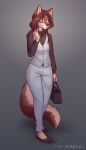  2022 absurd_res anthro bottomwear business_suit cacuu canid canine canis clothing collar female grey_background hair hi_res long_hair mammal pants purse simple_background skylar_zero solo suit topwear vest walking wolf 