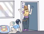  2018 all_fours ambiguous_gender anthro archived_source backpack canid canine canis clothed clothing detailed_background diaper diaper_bag digital_drawing_(artwork) digital_media_(artwork) dipstick_ears dipstick_tail domestic_dog door doorframe duo fur gally_(monsterbunny) hair inside kneeling mammal markings monsterbunny multicolored_ears pacifier shirt standing story story_in_description tail_markings topwear window 