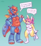  2021 accessory anthro balls breasts claws clothing dragon duo english_text female furgonomics genitals gynomorph hair hand_holding hand_on_hip hi_res intersex j4m-13_(arttriss) keffotin lagomorph leporid machine mammal orange_eyes orange_nose panties panties_around_one_leg paws penis rabbit robot simple_background size_difference smile soleil_(keffotin) tail_accessory text trans_(lore) trans_woman_(lore) underwear underwear_around_one_leg wings 