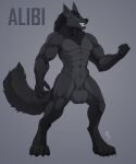  abs absurd_res alibi_(alibiwolf) alibiwolf animal_genitalia anthro balls big_(disambiguation) big_balls big_feet black canid canine canis digitigrade feet fluffy fluffy_tail fully_sheathed genitals glaws grey grin heavy_balls hi_res looking_at_viewer male mammal model_sheet muscular neck_tuft sheath smile solo teeth tuft were werecanid werecanine werewolf wolf 