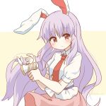  1girl absurdres animal_ears blush closed_mouth eyebrows_visible_through_hair highres holding long_hair looking_at_viewer lunatic_gun necktie pink_skirt puffy_short_sleeves puffy_sleeves purple_hair rabbit_ears red_eyes red_neckwear reisen_udongein_inaba ryoku_sui shirt short_sleeves skirt solo touhou very_long_hair white_shirt 
