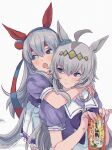  2girls absurdres ahoge animal_ears arm_around_neck bangs blue_eyes closed_mouth fang grey_background grey_eyes grey_hair hairband headband highres holding horse_ears horse_girl horse_tail kanjin_(gy0n1s0) long_hair looking_to_the_side multicolored_hair multiple_girls oguri_cap_(umamusume) open_mouth purple_shirt sailor_collar school_uniform shirt short_sleeves skirt tail tamamo_cross_(umamusume) tracen_school_uniform twitter_username umamusume watermark white_skirt 