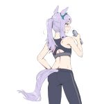  1girl alternate_hairstyle animal_ears blush breath from_behind hand_on_hip highres holding_thermos horse_ears horse_girl horse_tail long_hair looking_at_viewer looking_back mejiro_mcqueen_(umamusume) open_mouth pants ponytail purple_hair sideways_mouth simple_background sinnra_art solo sportswear sweat sweatpants tail thermos umamusume white_background 