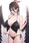  1girl absurdres alternate_hairstyle bangs bare_arms bare_shoulders bikini bikini_pull black_bikini black_hair black_wings blue_archive blush braid breasts cleavage clothes_pull commentary_request cowboy_shot feathered_wings hair_between_eyes halo hasumi_(blue_archive) highres large_breasts large_wings long_hair looking_at_viewer mole mole_under_eye navel open_mouth red_eyes side-tie_bikini simple_background sjuno smile solo string_bikini swimsuit thighs very_long_hair white_background wings 