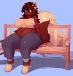  2022 4_toes absurd_res anthro bench big_breasts bottomwear breasts brown_body brown_hair brown_nose canid canine chest_tuft cleavage clothed clothing colored cute_fangs denim denim_clothing digital_media_(artwork) feet female fluffy fluffy_tail full-length_portrait hair hi_res huge_breasts jeans kitsuneten long_hair looking_at_viewer mammal midriff navel overweight overweight_anthro overweight_female pants portrait purple_eyes shaded simple_background sitting small_nose smile solo striped_ears thick_thighs toes tuft 
