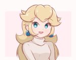  1girl alternate_costume aqua_eyes bangs blonde_hair casual chocomiru crown crown_removed earrings eyebrows_visible_through_hair jewelry long_hair long_sleeves looking_at_viewer lowres mario_(series) nose open_mouth princess_peach simple_background smile solo tan_shirt tiara_removed turtleneck upper_body 