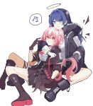  2girls :t animal_ears arknights asymmetrical_gloves beamed_eighth_notes bird_ears bird_girl bird_tail black_footwear black_gloves black_hair black_jacket black_skirt black_wings blue_eyes blue_hair boots demon_girl demon_horns detached_wings energy_wings fiammetta_(arknights) fur-trimmed_hood fur_trim gloves haobuguniao highres holding_tail hood hood_down hooded_jacket horns hug hug_from_behind jacket long_hair looking_at_viewer mismatched_gloves mostima_(arknights) multiple_girls musical_note necktie open_clothes open_jacket pink_eyes pink_hair red_necktie shirt short_hair simple_background sitting skirt smile speech_bubble spoken_musical_note tail white_background white_gloves white_shirt wings yuri 