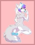  2022 4_toes 5_fingers anthro blue_eyes blue_nose blue_pawpads breasts canid canine canis digital_media_(artwork) ear_piercing ear_ring feet female fingers hair hi_res ketty mammal nude pawpads piercing smile solo toes white_hair wolf 