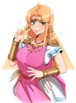  1girl absurdres bangle bangs blonde_hair blue_eyes bracelet dress earrings gold_headband hair_behind_ear high_heels highres jewelry kevbot long_hair looking_at_viewer parted_bangs pink_dress pointy_ears princess_zelda smile solo the_legend_of_zelda the_legend_of_zelda:_a_link_between_worlds triforce triforce_earrings upper_body white_background white_dress 