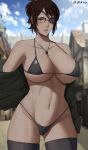  1girl ass_visible_through_thighs bangs bare_shoulders bikini black_bikini black_eyepatch black_legwear blue_sky blush breasts brooch brown_eyes brown_hair building cleavage eyepatch hange_zoe high_ponytail highres jewelry large_breasts micro_bikini navel necklace one_eye_covered open_mouth oroborus outdoors shingeki_no_kyojin shirt_removed sidelocks skindentation sky swimsuit thighhighs thighs underboob 