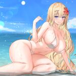  1girl absurdres bangs bare_shoulders beach bikini blonde_hair blue_eyes blue_sky breasts eyebrows_visible_through_hair flower hair_flower hair_ornament hairclip highres large_breasts lillly long_hair lying navel on_side original skindentation sky smile sunlight swimsuit thighs underwater white_bikini 