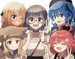  5girls black_hair blonde_hair blue_eyes blue_hair braid breasts choker clenched_hands dark-skinned_female dark_skin double_v glasses grey_hair grin hair_ornament hairclip hat highres hololive hoshimachi_suisei kaigaraori large_breasts multicolored_hair multiple_girls omaru_polka one_eye_closed pink_hair pointy_ears purple_eyes sakura_miko shiranui_flare shirogane_noel smile star-shaped_pupils star_(symbol) star_in_eye symbol-shaped_pupils symbol_in_eye tears v virtual_youtuber wristband 