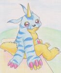  animal_skin anthro bandai_namco belly blush claws digimon digimon_(species) gabumon hi_res horn looking_at_viewer male red_eyes slightly_chubby solo tabasukotrr traditional_media_(artwork) yellow_body 