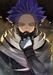  1boy bags_under_eyes boku_no_hero_academia collar_tug costume face fingerless_gloves fishnet_sleeves forehead frown gloves hand_to_own_face hand_up highres jumpsuit looking_at_viewer male_focus mask messy_hair mouth_mask narrowed_eyes purple_eyes purple_hair scarf shinsou_hitoshi short_hair sideburns sleeves_rolled_up solo spiked_hair straight-on strap tonbanlove twitter_username upper_body 