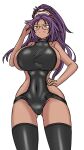  absurdres ass_visible_through_thighs bleach breasts dark_skin deculture disdain glasses hand_on_eyewear hand_on_hip highres huge_breasts long_hair looking_down navel one-piece_swimsuit orange_eyes ponytail purple_hair second-party_source shihouin_yoruichi sideboob swimsuit thighhighs 