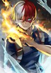  1boy ashes blue_eyes blue_jumpsuit boku_no_hero_academia burn_scar cryokinesis eyebrows_visible_through_hair fire grey_eyes hair_between_eyes hand_up harness heterochromia highres ice jumpsuit long_bangs looking_at_viewer male_focus multicolored_hair parted_lips pyrokinesis red_hair scar scar_on_face serious sleeves_rolled_up smoke solo split-color_hair steam straight_hair todoroki_shouto tonbanlove twitter_username two-tone_hair upper_body v-shaped_eyebrows white_hair 