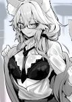  1girl animal_ear_fluff animal_ears bangs blush bra breasts cleavage dress_shirt fate/extra fate_(series) fox_ears fox_girl fox_tail glasses greyscale hair_between_eyes highres large_breasts long_hair long_sleeves looking_at_viewer monochrome necktie off_shoulder open_clothes open_shirt shirt sidelocks smile solo sweat tail tamamo_(fate) tamamo_no_mae_(fate/extra) underwear wisespeak 