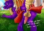  absurd_res activision balls butt claws dragon duo english_text erection fingering flame_(spyro) genitals grass half-closed_eyes hi_res male male/male narrowed_eyes penis plant scalie shatter-silver spyro spyro_the_dragon text video_games western_dragon wings 