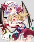  2girls ;d absurdres ascot blonde_hair blush crystal eudetenis fangs flandre_scarlet grey_background happy hat hat_ribbon highres hug hug_from_behind looking_at_viewer mob_cap multiple_girls nail_polish one_eye_closed open_mouth petticoat red_eyes red_nails red_ribbon red_skirt remilia_scarlet ribbon shirt short_sleeves siblings simple_background sisters skirt skirt_set slit_pupils smile touhou vest wings wrist_cuffs 